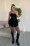 Kadın Premium Dantel Detaylı Askılı Biyeli Şortlu Siyah Mini Boy Elbise