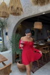 Kuşgözlü Tül Kollu Design Kırmızı Elbise