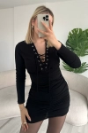 Kuşgözü Detaylı Büzgülü Premium Mini Boy Siyah Tasarım Elbise