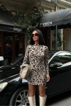 Sırt Dekolteli Uzun Kol Sandy Leopar Bej Mini Elbise