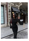 Kadın Flok Baskılı Sırt Dekolteli Uzun Kollu Maxi Boy Siyah Elbise