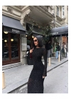 Kadın Flok Baskılı Sırt Dekolteli Uzun Kollu Maxi Boy Siyah Elbise