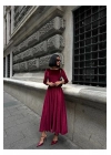 Kadın Premium Kadife Kumaş Kuşak Detaylı Bordo Maxi Boy Elbise