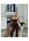 Straplez Tül Crop Kumaş Pantalon Takım