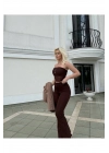Straplez Tül Crop Kumaş Pantalon Takım