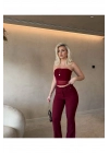 Straplez Tül Crop Kumaş Bordo Pantalon Takım