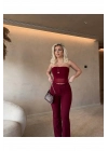 Straplez Tül Crop Kumaş Bordo Pantalon Takım