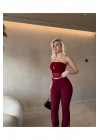 Straplez Tül Crop Kumaş Bordo Pantalon Takım