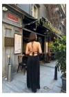 Halter Yaka Uzun Pliseli Kumaş Siyah Elbise