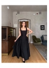 Kalın Askılı Kuşaklı Maxi Siyah Poplin Elbise