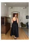 Kalın Askılı Kuşaklı Maxi Siyah Poplin Elbise