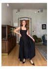 Kalın Askılı Kuşaklı Maxi Siyah Poplin Elbise