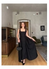 Kalın Askılı Kuşaklı Maxi Siyah Poplin Elbise