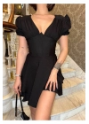 Korse Detaylı Kat Etekli V Yaka Mini Siyah Elbise
