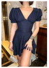 Korse Detaylı Kat Etekli V Yaka Mini Lacivert Elbise