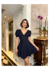 Korse Detaylı Kat Etekli V Yaka Mini Lacivert Elbise