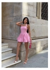 Boyundan Bağlamalı Kare Yaka Balon Astarlı Mini Pembe Elbise