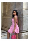 Boyundan Bağlamalı Kare Yaka Balon Astarlı Mini Pembe Elbise