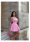 Boyundan Bağlamalı Kare Yaka Balon Astarlı Mini Pembe Elbise