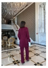 Piliseli Üçlü Bordo Takım Crop Gömlek Pantalon