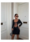 Siyah Yırtmaçlı Cut-Out Mini Elbise –Uzun Kollu Bağlamalı Derin Dekolteli