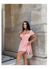 Kadın Pembe Kare Yaka Fırfır Detaylı Karpuz Kol Göğüs Bağlamalı Mini Elbise