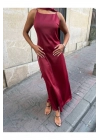 Kadın Saten Sırt Dekolteli İnce Askılı Şal Detaylı Esnek Kumaş Maxi Boy Bordo Elbise