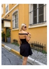 Kadın Lastikli Omzu Açık Göğüs Detaylı Fermuarlı Mini Boy Siyah Elbise