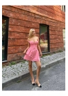 Kadın Lastikli Omzu Açık Göğüs Detaylı Fermuarlı Mini Boy Pudra Elbise