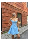 Kadın Lastikli Omzu Açık Göğüs Detaylı Fermuarlı Mini Boy Mavi Elbise