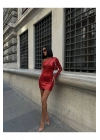 Kadın Göğüs Dekolteli Tek Kol Payetli Kırmızı Mini Boy Elbise