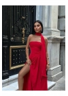 Kadın Dubai Kumaş Sırt Bağlamalı Çapraz Kesim Detaylı Yırtmaçlı Maxi Boy Kırmızı Elbise