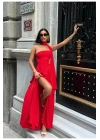Kadın Dubai Kumaş Sırt Bağlamalı Çapraz Kesim Detaylı Yırtmaçlı Maxi Boy Kırmızı Elbise
