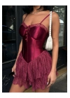 Kadın Premium Dantel Detaylı Askılı Biyeli Şortlu Bordo Mini Boy Elbise