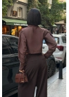 Asimetrik Yaka Poplin Kahverengi Gömlek