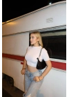 Bisiklet Yaka Kısa Kollu Beyaz Crop Triko Kazak