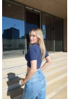 Bisiklet Yaka Kısa Kollu Lacivert Crop Triko Kazak