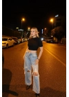 Bisiklet Yaka Kısa Kollu Siyah Crop Triko Kazak