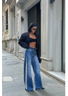 Çiçek Dantel Tasarım Wide Leg Mavi Kot Pantolon