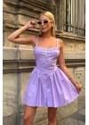 Dantel İşlemeli Düğmeli Mavi Mini Elbise