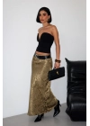 Flok Baskılı Midi Boy Saten Gold Haki Etek