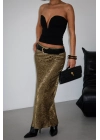 Flok Baskılı Midi Boy Saten Gold Haki Etek