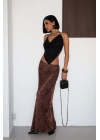Flok Baskılı Midi Boy Saten Koyu Kahverengi Etek