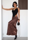 Flok Baskılı Midi Boy Saten Koyu Kahverengi Etek