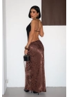 Flok Baskılı Midi Boy Saten Koyu Kahverengi Etek