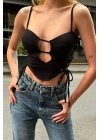 Gloplu Yan Bağcıklı Siyah Crop