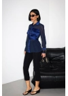 Göğüs Detaylı Kuşaklı Tül Lacivert Tasarım Gömlek