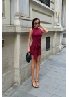 Kadın Bağlama Detaylı Büzgülü Mini Boy Bordo Elbise