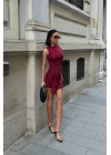 Kadın Bağlama Detaylı Büzgülü Mini Boy Bordo Elbise