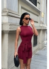 Kadın Bağlama Detaylı Büzgülü Mini Boy Bordo Elbise